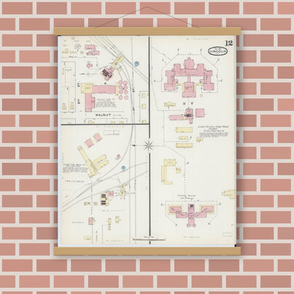 Old map wall art mockup — magnetic wood frame on brick wall — Sanborn Fire Insurance Map from Lincoln, Logan County, Illinois (1891), Sheet #0012