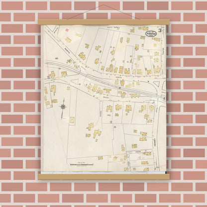 Old map wall art mockup — magnetic wood frame on brick wall — Sanborn Fire Insurance Map from Hingham, Plymouth County, Massachusetts (1948), Sheet #0003
