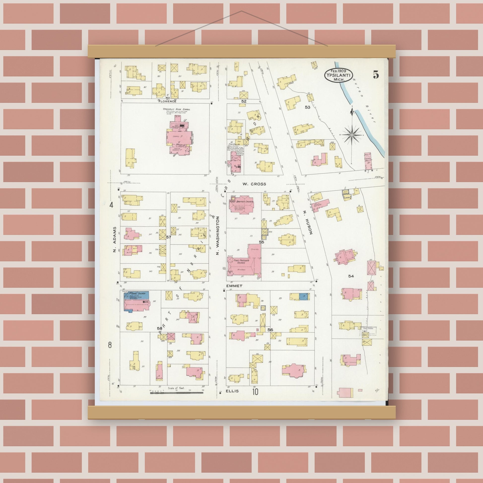 Old map wall art mockup — magnetic wood frame on brick wall — Sanborn Fire Insurance Map from Ypsilanti, Washtenaw County, Michigan (1909), Sheet #0005