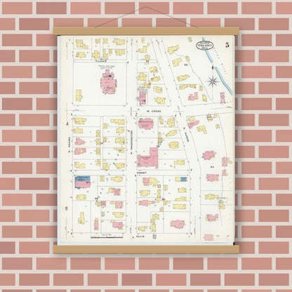 Old map wall art mockup — magnetic wood frame on brick wall — Sanborn Fire Insurance Map from Ypsilanti, Washtenaw County, Michigan (1909), Sheet #0005
