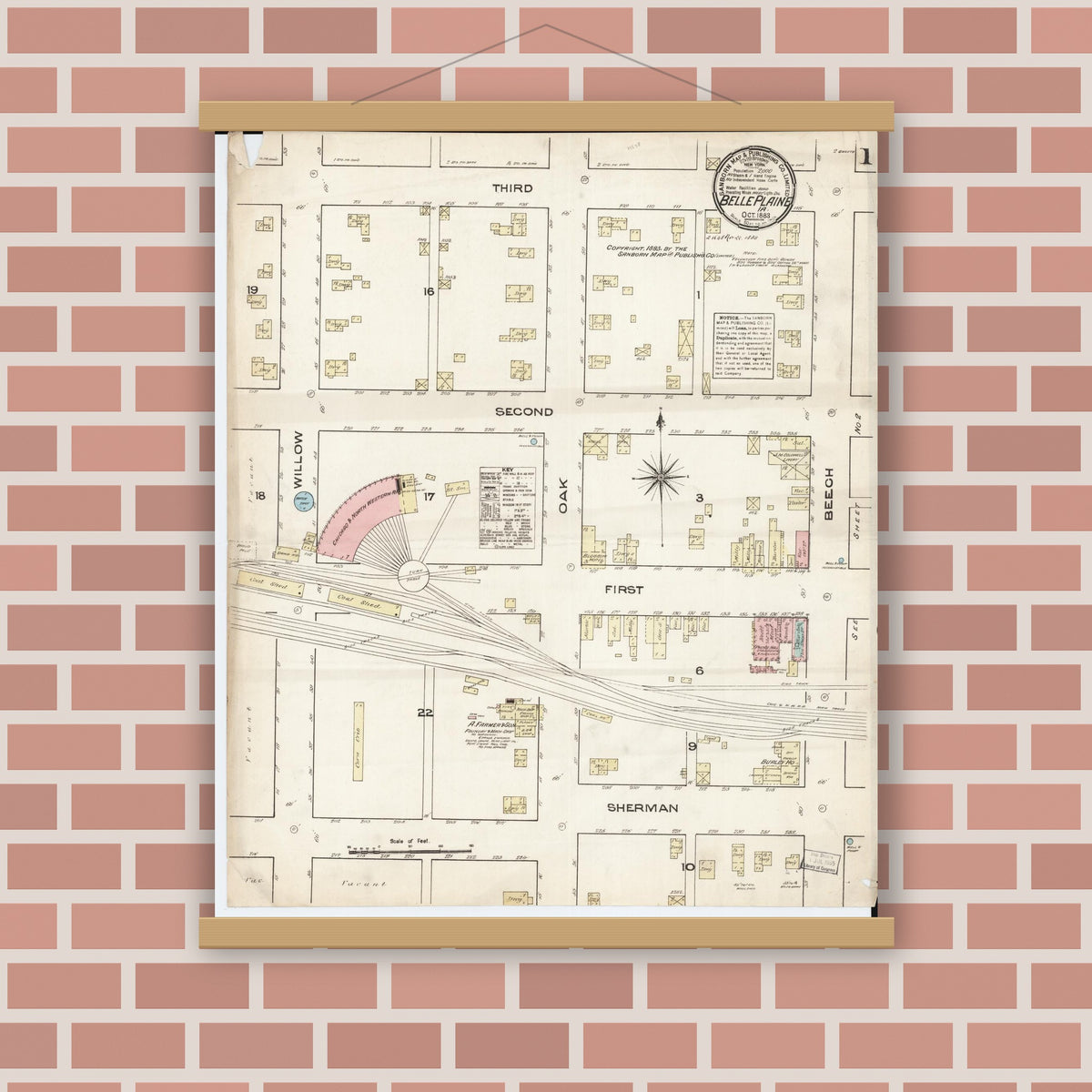 Old map wall art mockup — magnetic wood frame on brick wall — Sanborn Fire Insurance Map from Belle Plaine, Benton County, Iowa (1883) â€” Complete Set
