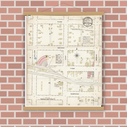 Old map wall art mockup — magnetic wood frame on brick wall — Sanborn Fire Insurance Map from Belle Plaine, Benton County, Iowa (1883) â€” Complete Set