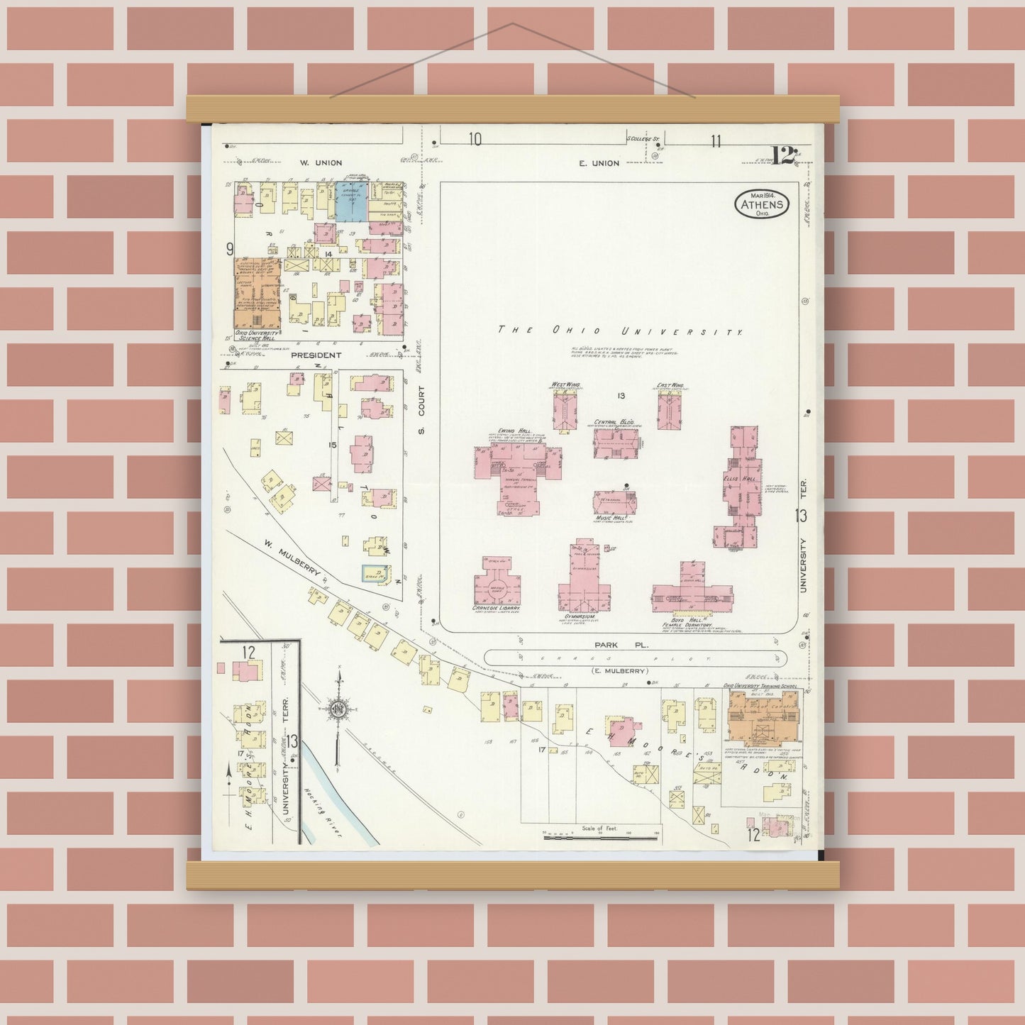 Old map wall art mockup — magnetic wood frame on brick wall — Sanborn Fire Insurance Map from Athens, Athens County, Ohio (1914), Sheet #0012