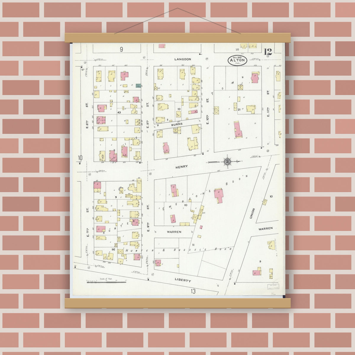 Old map wall art mockup — magnetic wood frame on brick wall — Sanborn Fire Insurance Map from Alton, Madison County, Illinois (1909), Sheet #0012