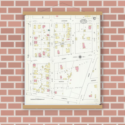 Old map wall art mockup — magnetic wood frame on brick wall — Sanborn Fire Insurance Map from Alton, Madison County, Illinois (1909), Sheet #0012