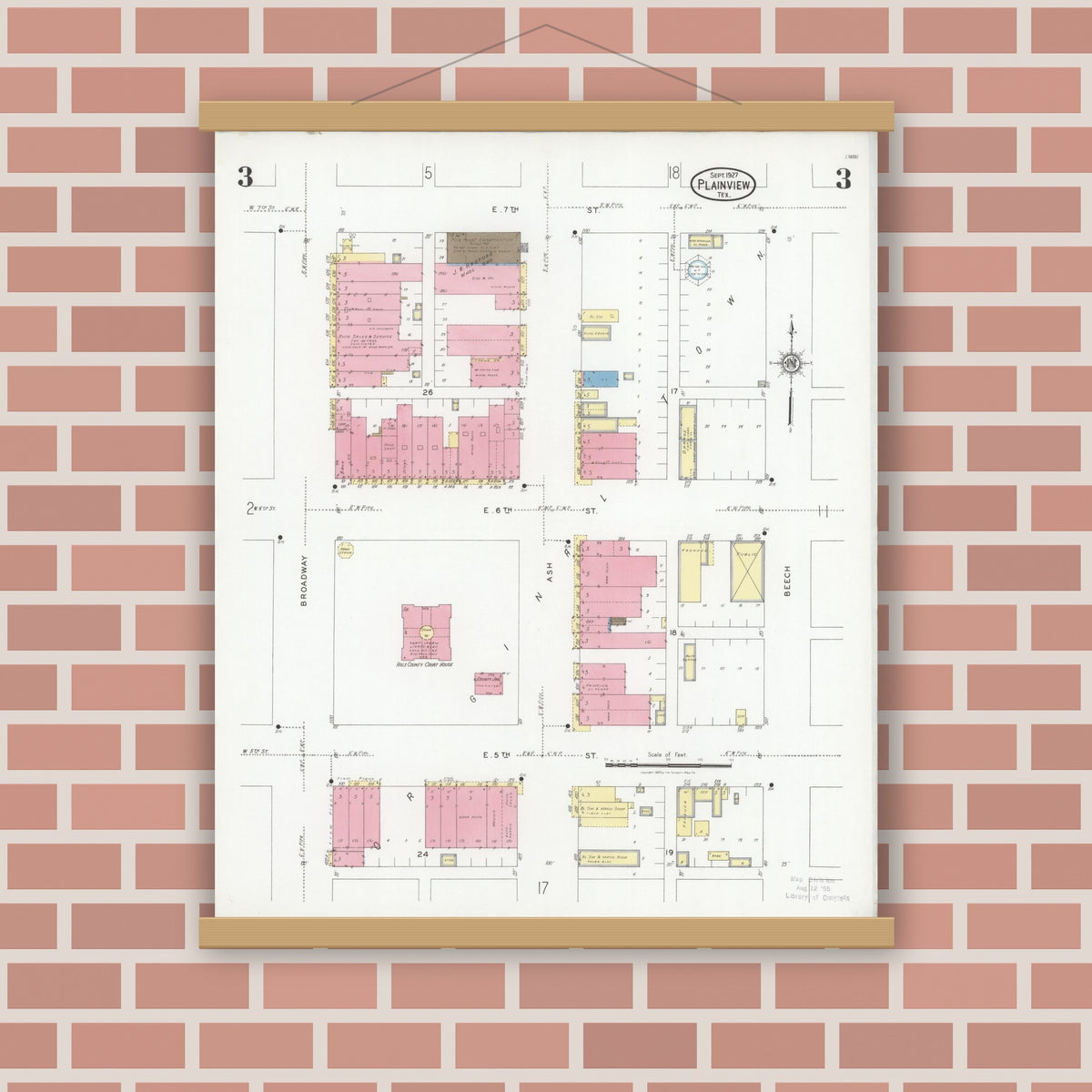 Old map wall art mockup — magnetic wood frame on brick wall — Sanborn Fire Insurance Map from Plainview, Hale County, Texas (1927), Sheet #0003