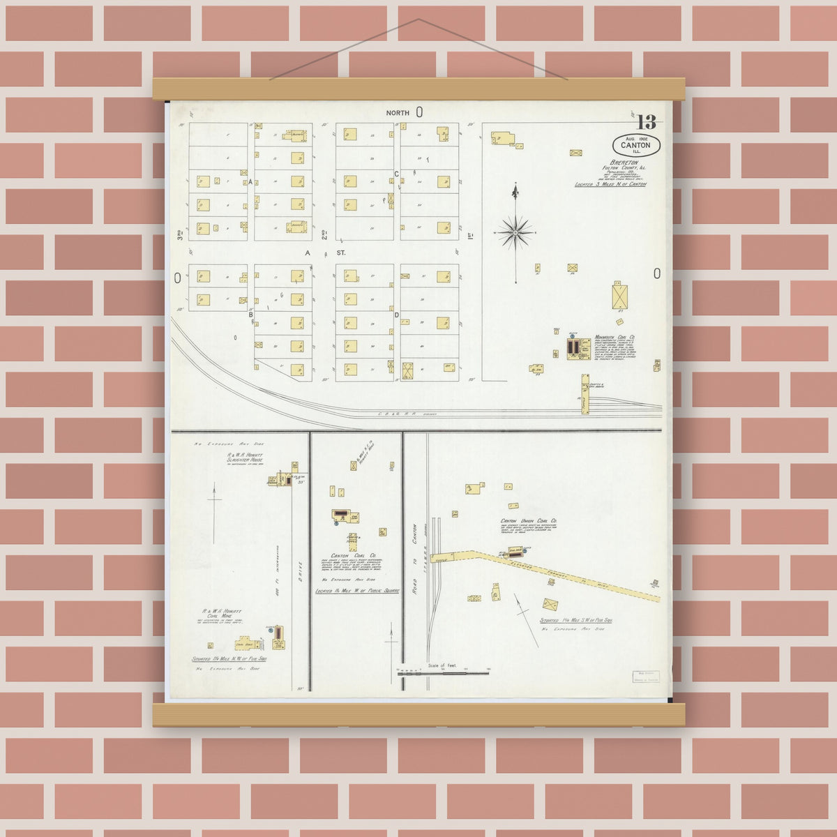 Old map wall art mockup — magnetic wood frame on brick wall — Sanborn Fire Insurance Map from Canton, Fulton County, Illinois (1902), Sheet #0013