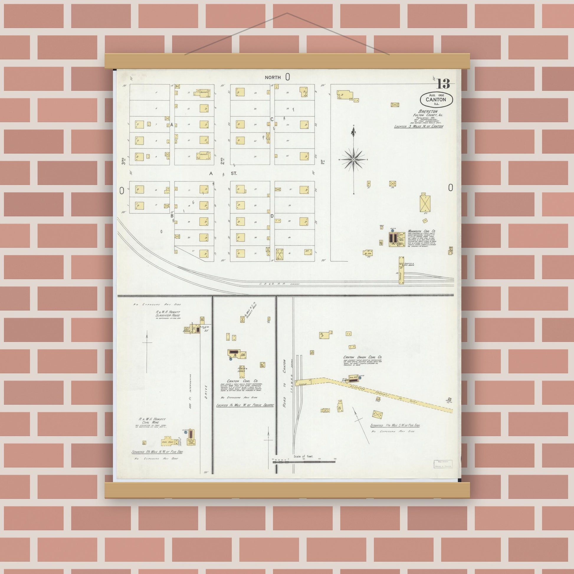 Old map wall art mockup — magnetic wood frame on brick wall — Sanborn Fire Insurance Map from Canton, Fulton County, Illinois (1902), Sheet #0013