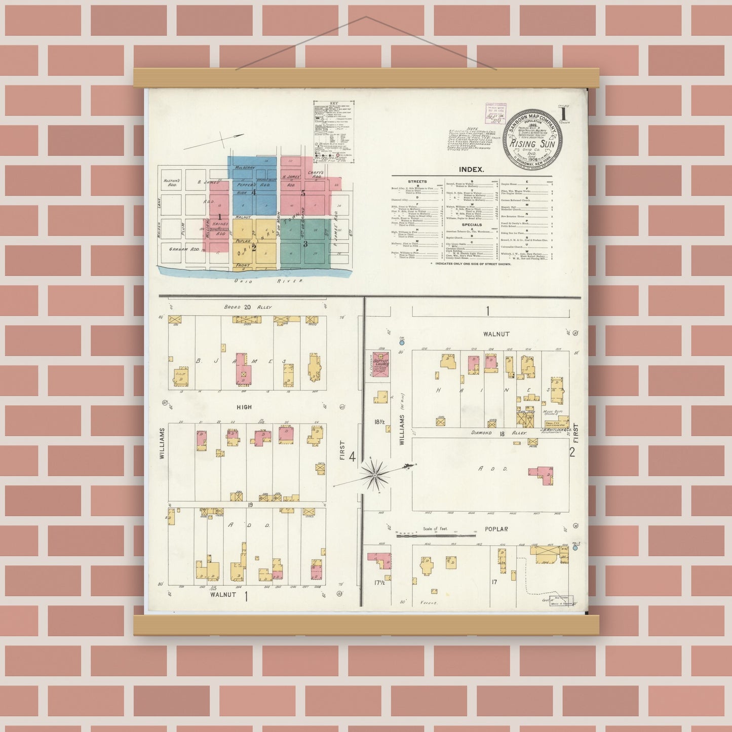 Old map wall art mockup — magnetic wood frame on brick wall — Sanborn Fire Insurance Map from Rising Sun, Ohio County, Indiana (1906), Sheet #0001