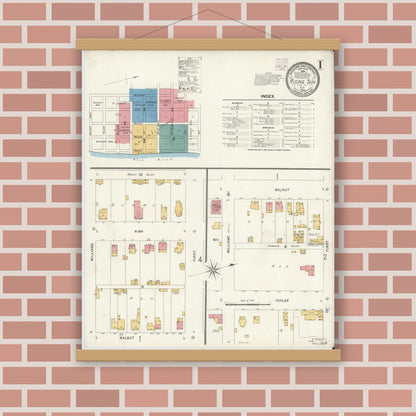 Old map wall art mockup — magnetic wood frame on brick wall — Sanborn Fire Insurance Map from Rising Sun, Ohio County, Indiana (1906), Sheet #0001