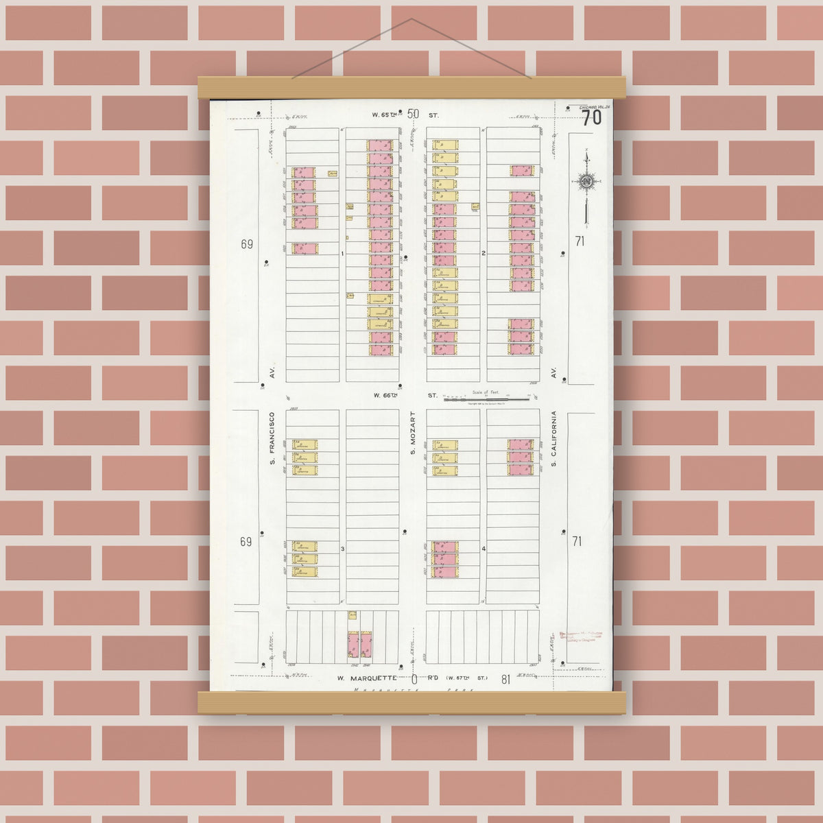 Old map wall art mockup — magnetic wood frame on brick wall — Sanborn Fire Insurance Map from Chicago, Cook County, Illinois (1920), Sheet #0070