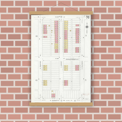 Old map wall art mockup — magnetic wood frame on brick wall — Sanborn Fire Insurance Map from Chicago, Cook County, Illinois (1920), Sheet #0070