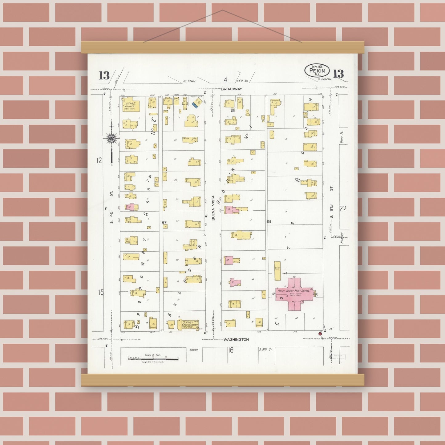 Old map wall art mockup — magnetic wood frame on brick wall — Sanborn Fire Insurance Map from Pekin, Tazewell County, Illinois (1925), Sheet #0013