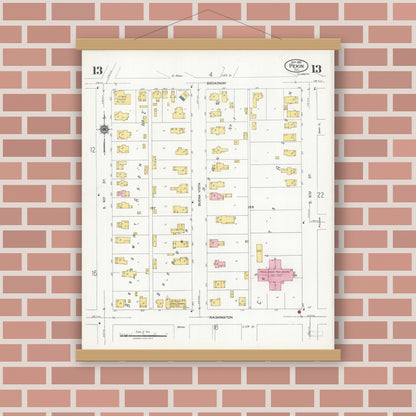 Old map wall art mockup — magnetic wood frame on brick wall — Sanborn Fire Insurance Map from Pekin, Tazewell County, Illinois (1925), Sheet #0013
