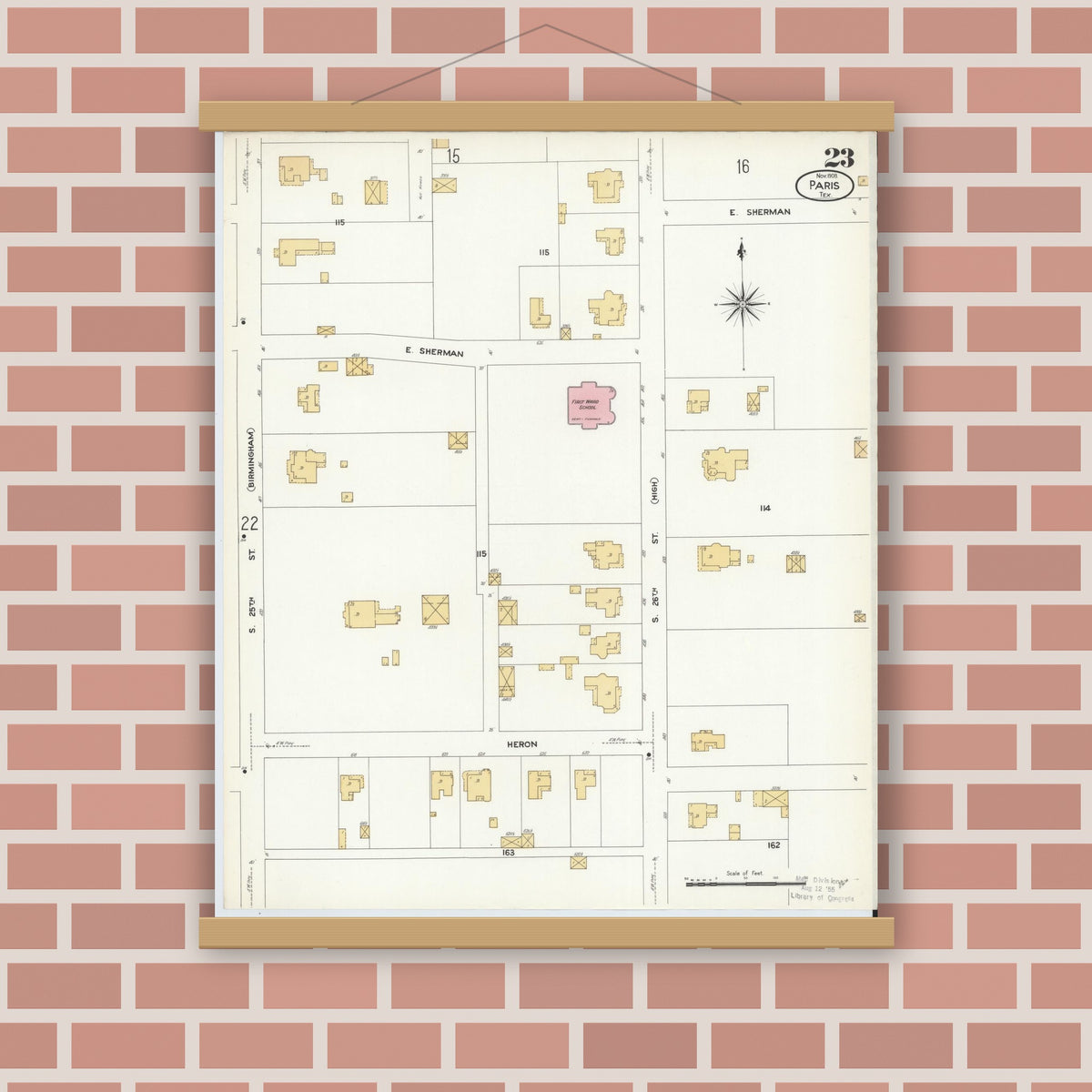 Old map wall art mockup — magnetic wood frame on brick wall — Sanborn Fire Insurance Map from Paris, Lamar County, Texas (1908), Sheet #0023