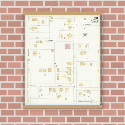 Old map wall art mockup — magnetic wood frame on brick wall — Sanborn Fire Insurance Map from Paris, Lamar County, Texas (1908), Sheet #0023