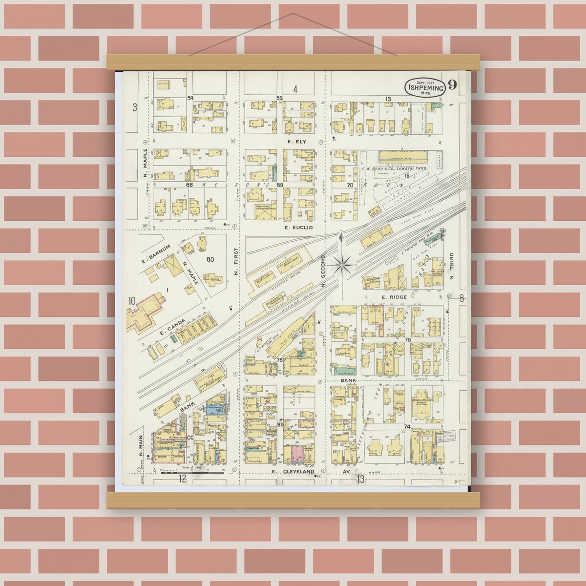 Old map wall art mockup — magnetic wood frame on brick wall — Sanborn Fire Insurance Map from Ishpeming, Marquette County, Michigan (1897), Sheet #0009