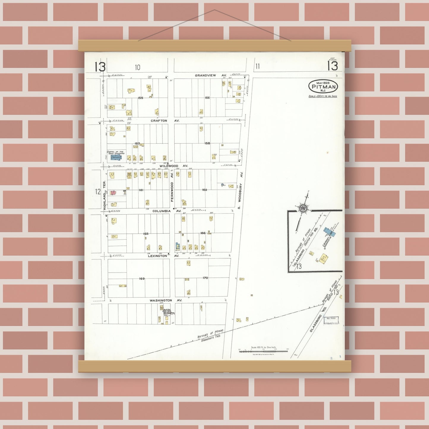 Old map wall art mockup — magnetic wood frame on brick wall — Sanborn Fire Insurance Map from Pitman, Gloucester County, New Jersey (1923), Sheet #0013