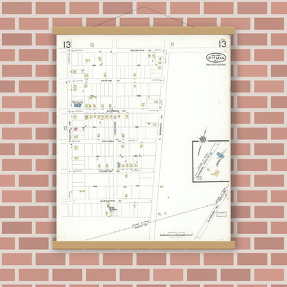 Old map wall art mockup — magnetic wood frame on brick wall — Sanborn Fire Insurance Map from Pitman, Gloucester County, New Jersey (1923), Sheet #0013