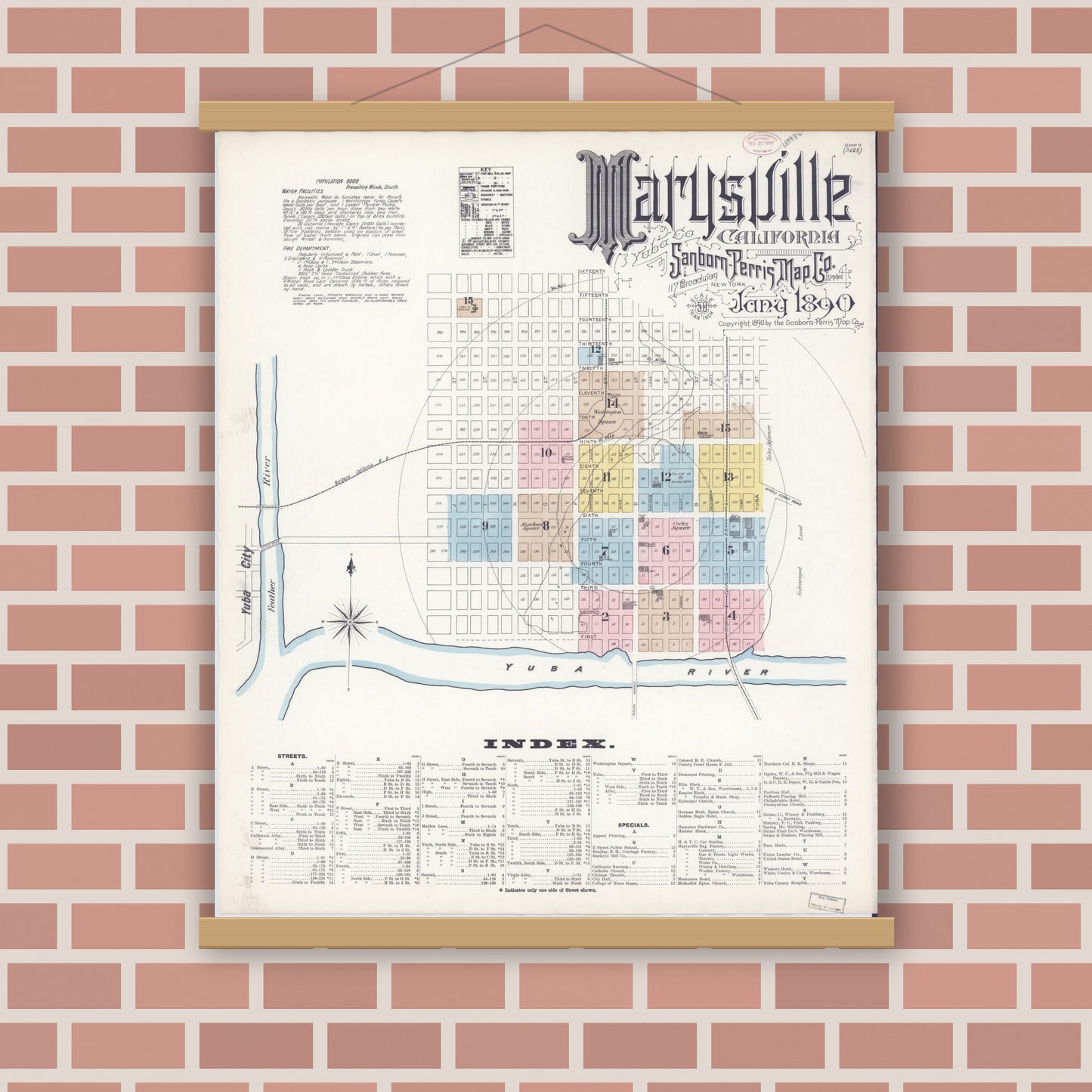 Old map wall art mockup — magnetic wood frame on brick wall — Sanborn Fire Insurance Map from Marysville, Yuba County, California (1890), Sheet #0001
