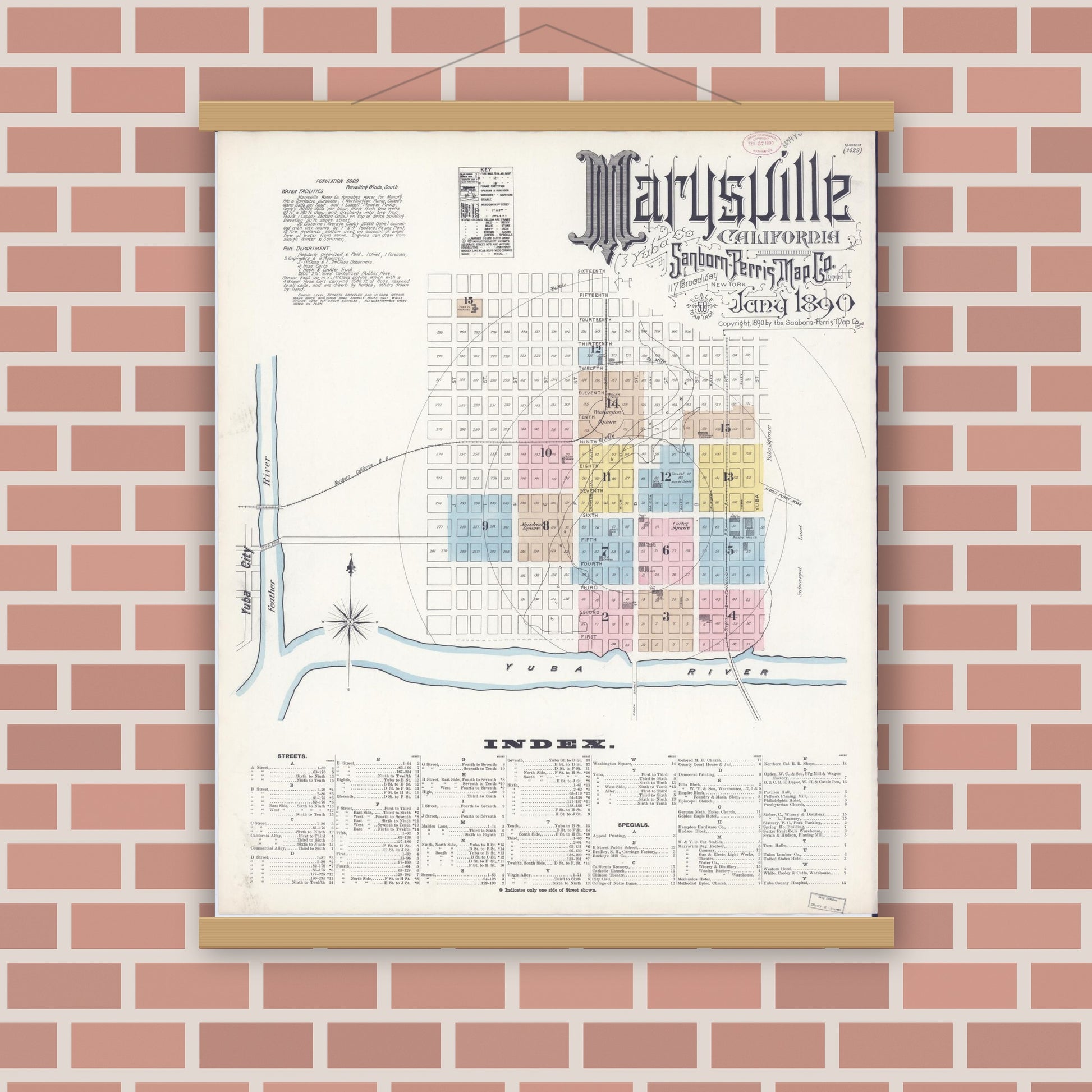 Old map wall art mockup — magnetic wood frame on brick wall — Sanborn Fire Insurance Map from Marysville, Yuba County, California (1890), Sheet #0001