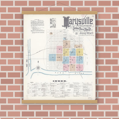 Old map wall art mockup — magnetic wood frame on brick wall — Sanborn Fire Insurance Map from Marysville, Yuba County, California (1890), Sheet #0001