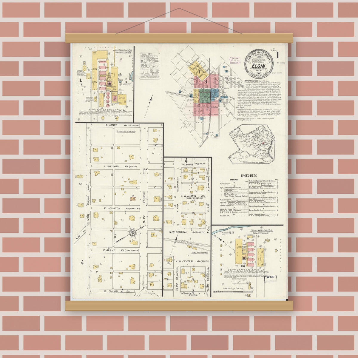 Old map wall art mockup — magnetic wood frame on brick wall — Sanborn Fire Insurance Map from Elgin, Bastrop County, Texas (1916) - Complete Map Set