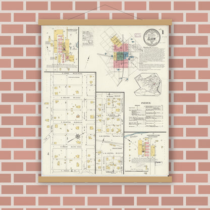 Old map wall art mockup — magnetic wood frame on brick wall — Sanborn Fire Insurance Map from Elgin, Bastrop County, Texas (1916) - Complete Map Set