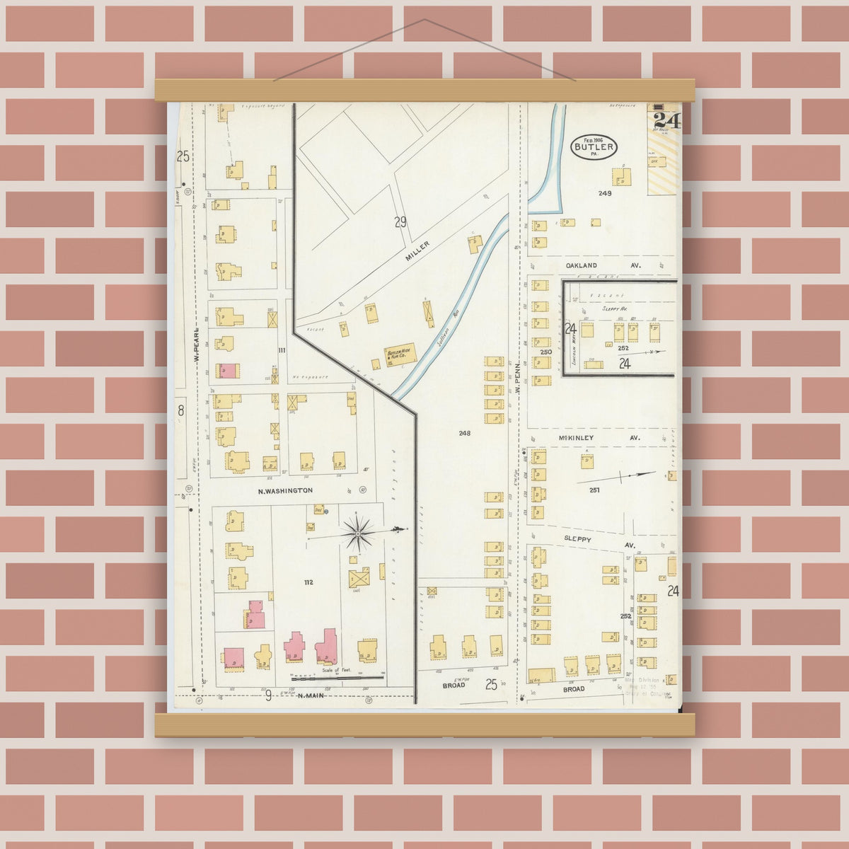 Old map wall art mockup — magnetic wood frame on brick wall — Sanborn Fire Insurance Map from Butler, Butler County, Pennsylvania (1906), Sheet #0024