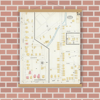 Old map wall art mockup — magnetic wood frame on brick wall — Sanborn Fire Insurance Map from Butler, Butler County, Pennsylvania (1906), Sheet #0024