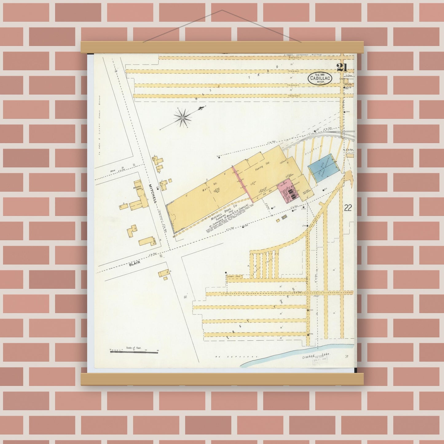 Old map wall art mockup — magnetic wood frame on brick wall — Sanborn Fire Insurance Map from Cadillac, Wexford County, Michigan (1906), Sheet #0021
