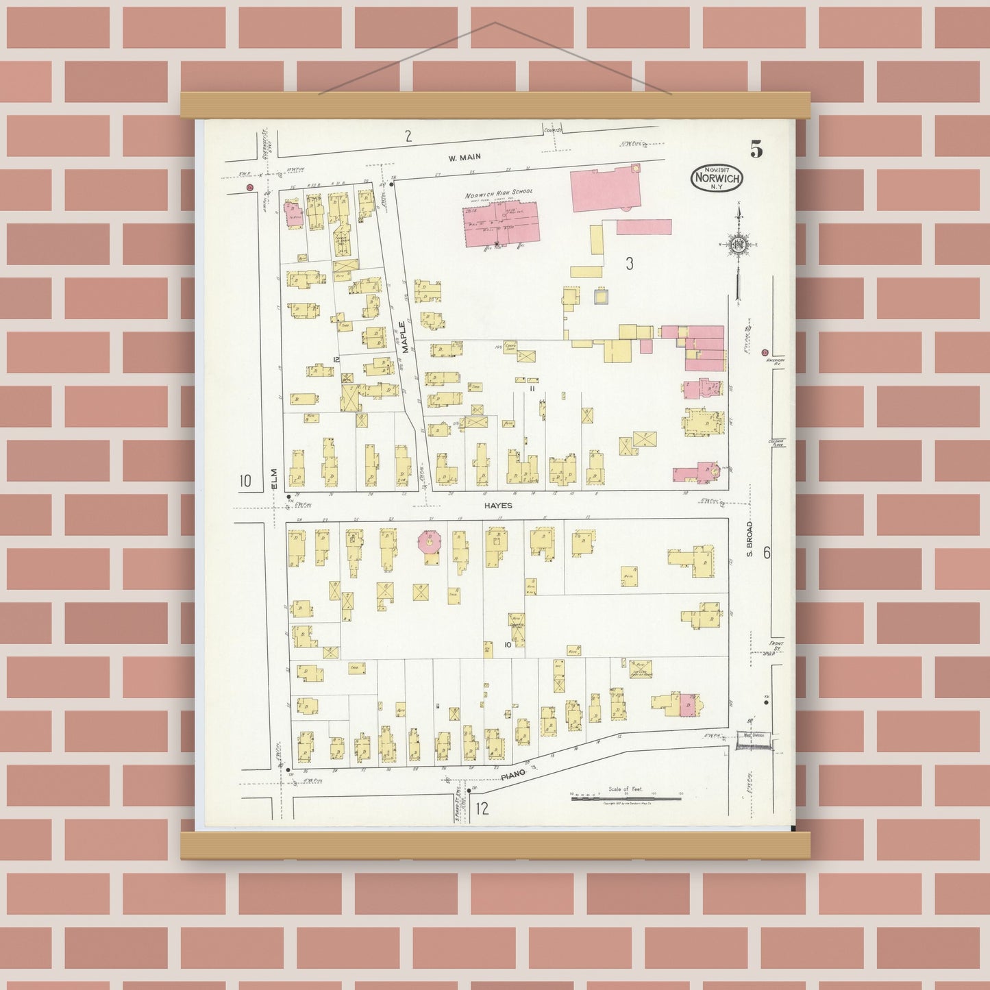 Old map wall art mockup — magnetic wood frame on brick wall — Sanborn Fire Insurance Map from Norwich, Chenango County, New York (1917), Sheet #0005