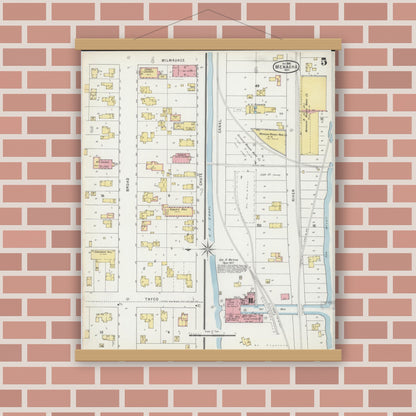 Old map wall art mockup — magnetic wood frame on brick wall — Sanborn Fire Insurance Map from Menasha, Winnebago County, Wisconsin (1895), Sheet #0005