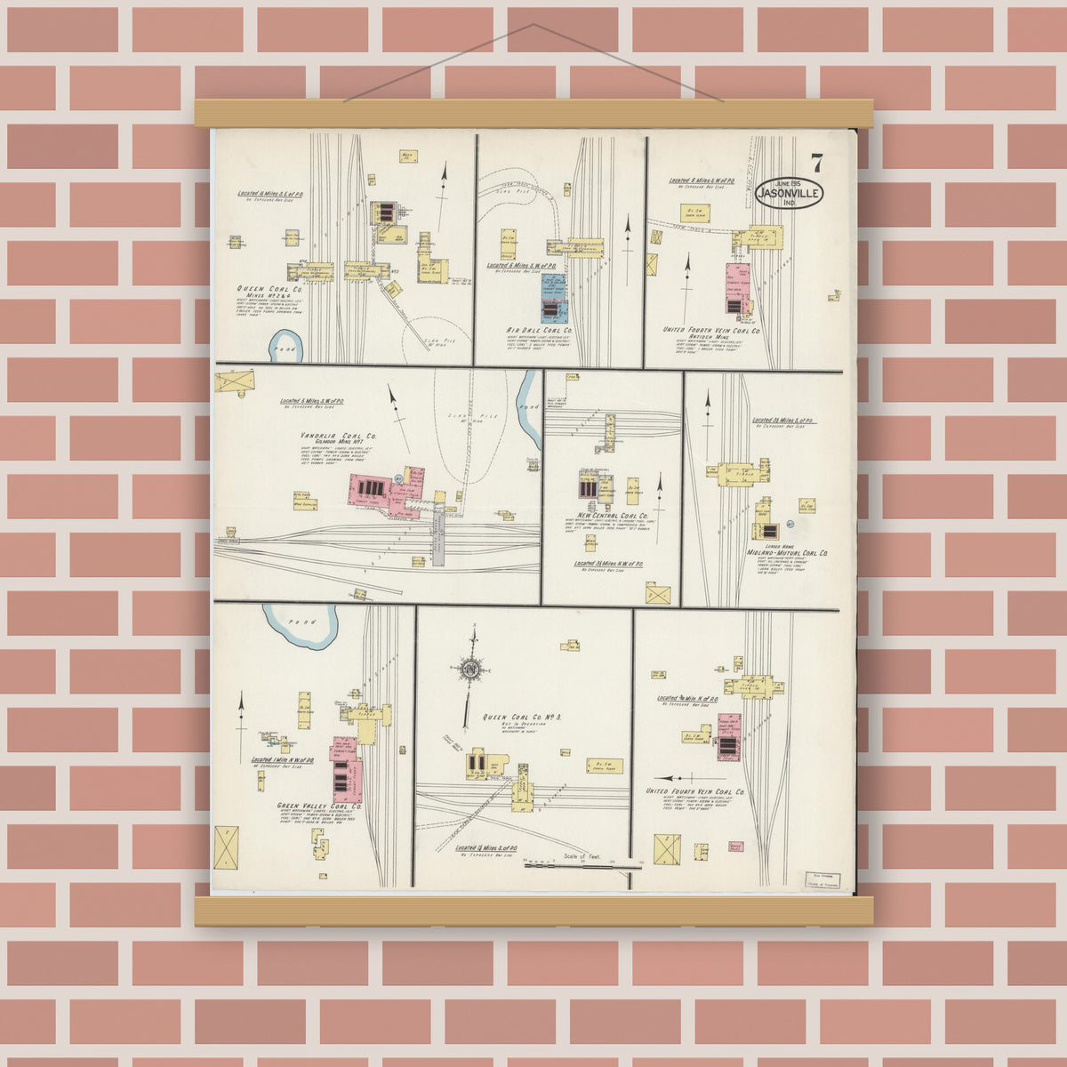 Old map wall art mockup — magnetic wood frame on brick wall — Sanborn Fire Insurance Map from Jasonville, Greene County, Indiana (1915), Sheet #0007