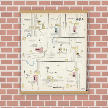 Old map wall art mockup — magnetic wood frame on brick wall — Sanborn Fire Insurance Map from Jasonville, Greene County, Indiana (1915), Sheet #0007