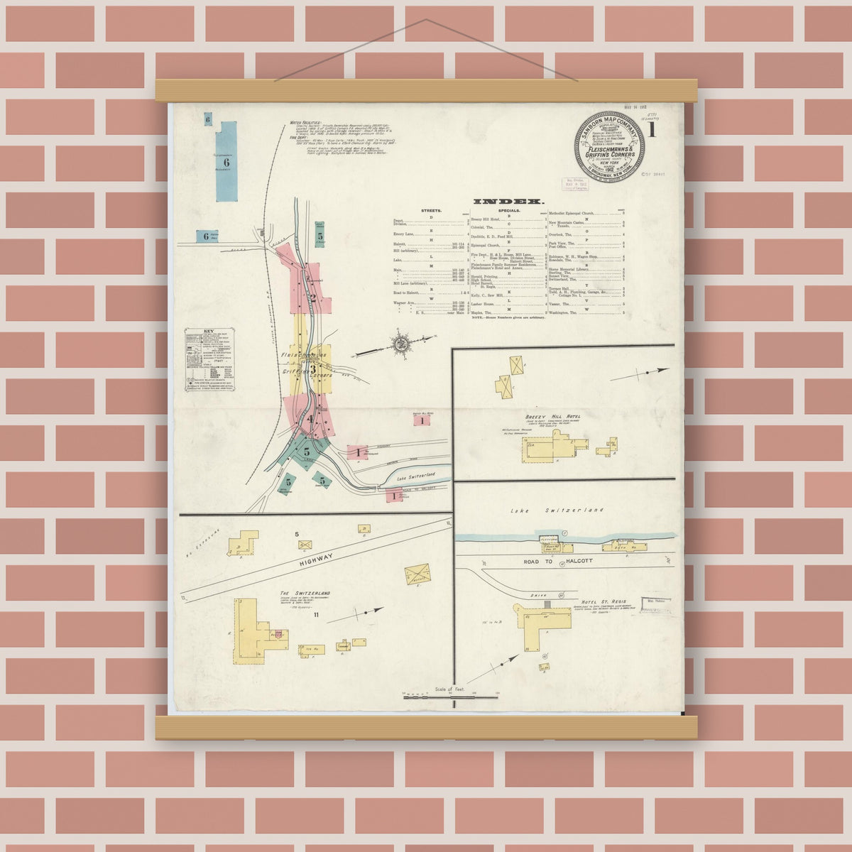 Old map wall art mockup — magnetic wood frame on brick wall — Sanborn Fire Insurance Map from Fleischmanns, Delaware County, New York (1912) - Complete Map Set