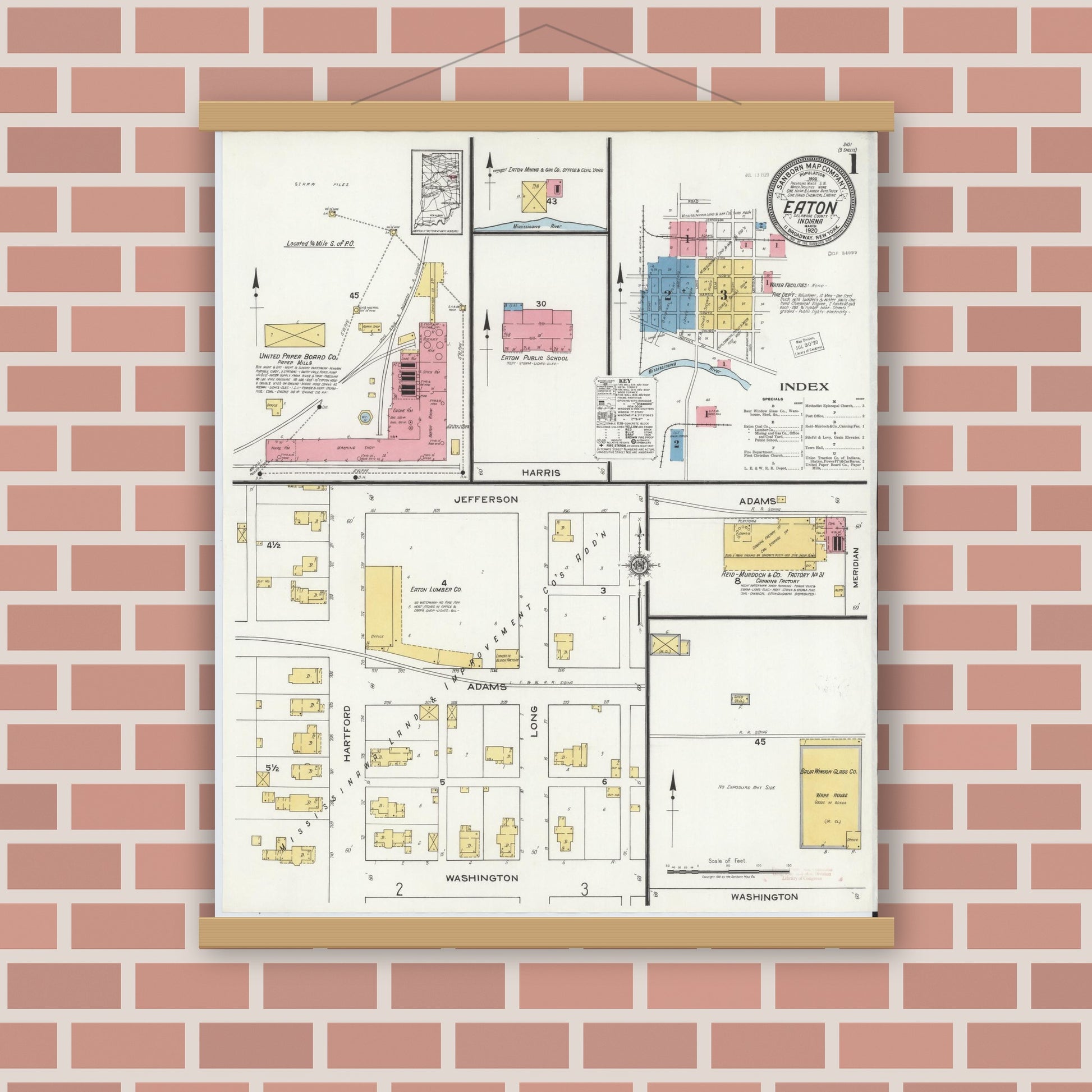 Old map wall art mockup — magnetic wood frame on brick wall — Sanborn Fire Insurance Map from Eaton, Delaware County, Indiana (1920) - Complete Map Set