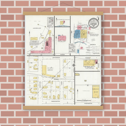 Old map wall art mockup — magnetic wood frame on brick wall — Sanborn Fire Insurance Map from Eaton, Delaware County, Indiana (1920) - Complete Map Set