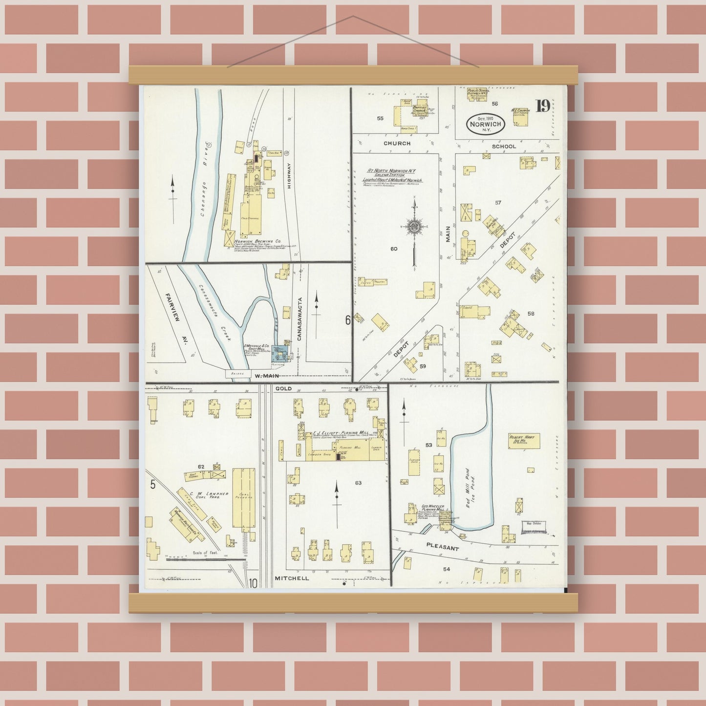 Old map wall art mockup — magnetic wood frame on brick wall — Sanborn Fire Insurance Map from Norwich, Chenango County, New York (1910), Sheet #0019