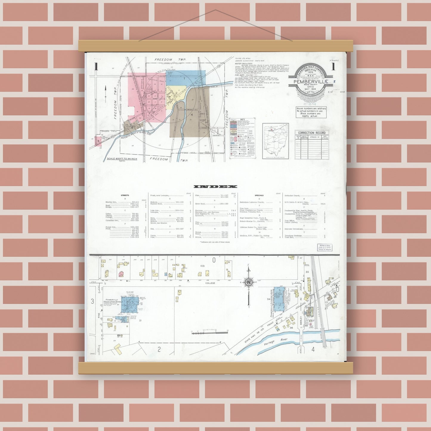 Old map wall art mockup — magnetic wood frame on brick wall — Sanborn Fire Insurance Map from Pemberville, Wood County, Ohio (1948), Sheet #0001