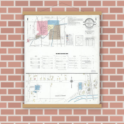 Old map wall art mockup — magnetic wood frame on brick wall — Sanborn Fire Insurance Map from Pemberville, Wood County, Ohio (1948), Sheet #0001