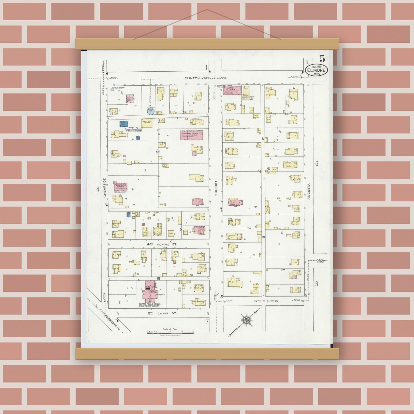 Old map wall art mockup — magnetic wood frame on brick wall — Sanborn Fire Insurance Map from Elmore, Ottawa County, Ohio (1920), Sheet #0005