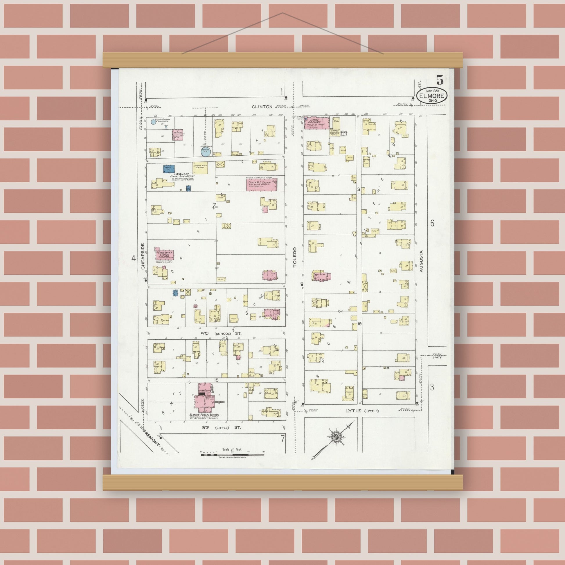 Old map wall art mockup — magnetic wood frame on brick wall — Sanborn Fire Insurance Map from Elmore, Ottawa County, Ohio (1920), Sheet #0005