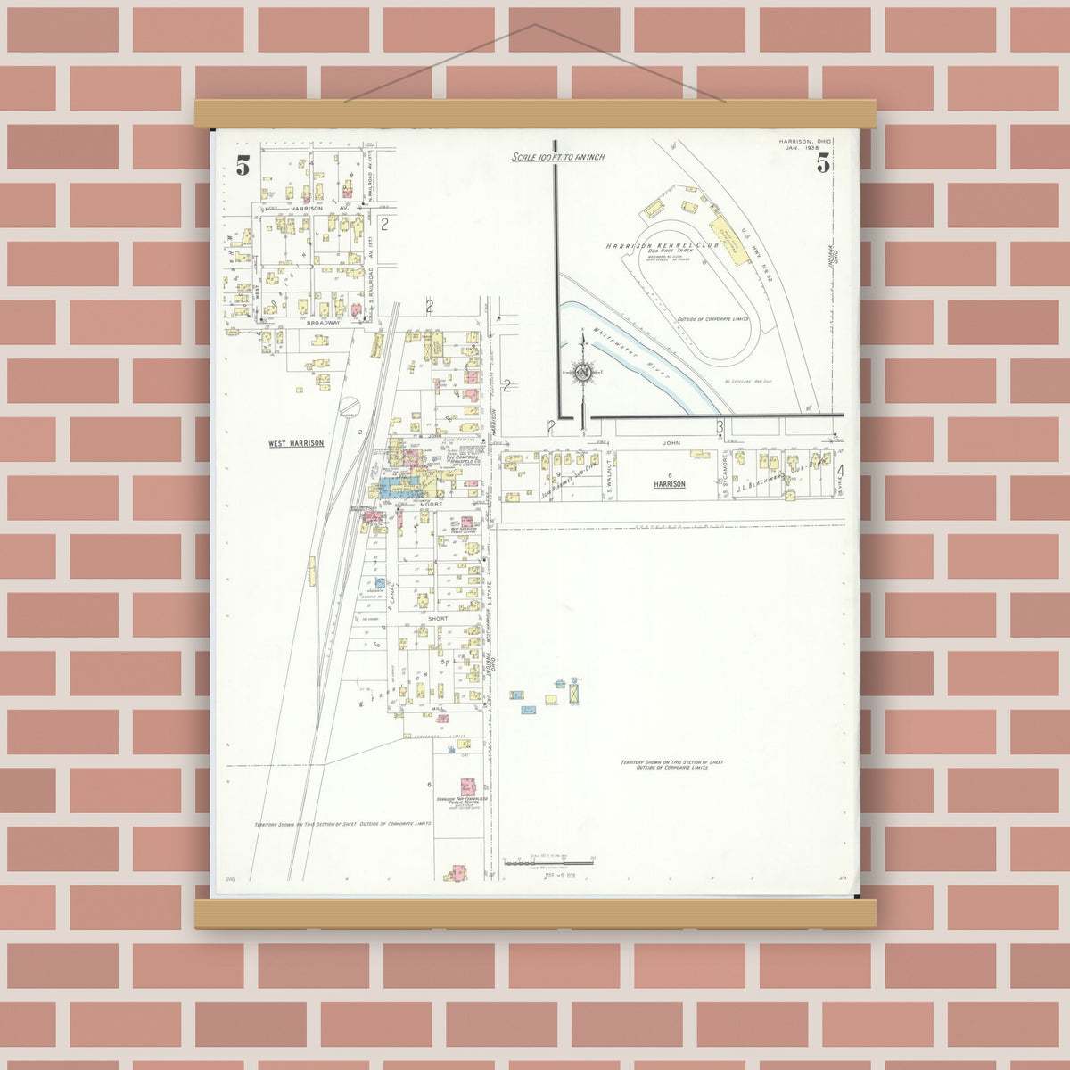 Old map wall art mockup — magnetic wood frame on brick wall — Sanborn Fire Insurance Map from Harrison, Hamilton County, Ohio (1938), Sheet #0005