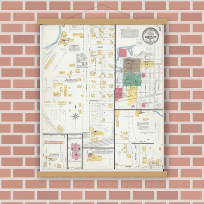 Old map wall art mockup — magnetic wood frame on brick wall — Sanborn Fire Insurance Map from Montpelier, Williams County, Ohio (1905) - Complete Map Set