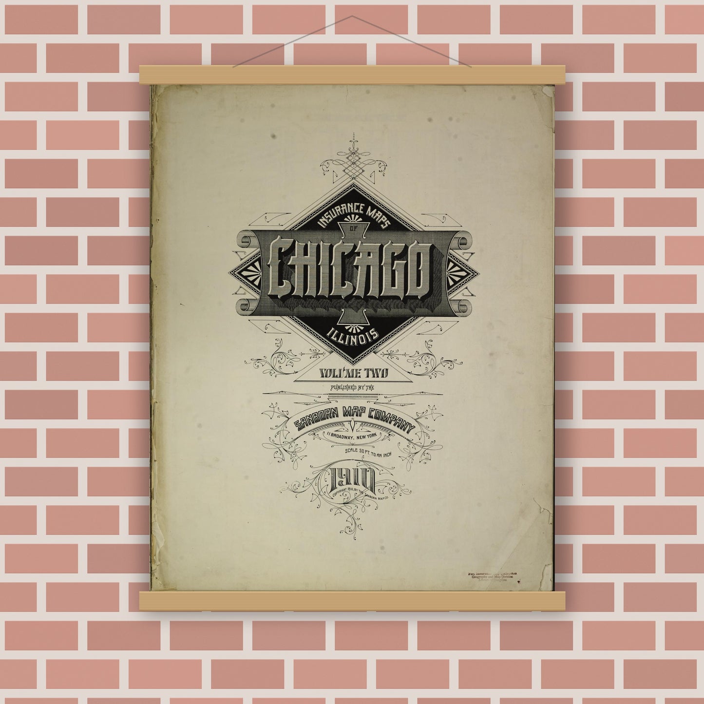 Old map wall art mockup — magnetic wood frame on brick wall — Sanborn Fire Insurance Map from Chicago, Cook County, Illinois (1910), Sheet #0001