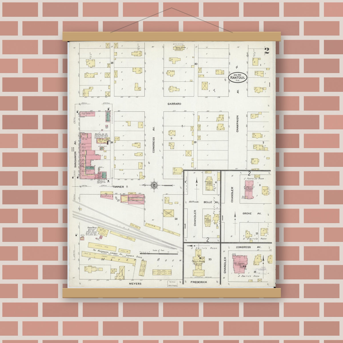 Old map wall art mockup — magnetic wood frame on brick wall — Sanborn Fire Insurance Map from Rantoul, Champaign County, Illinois (1910), Sheet #0002