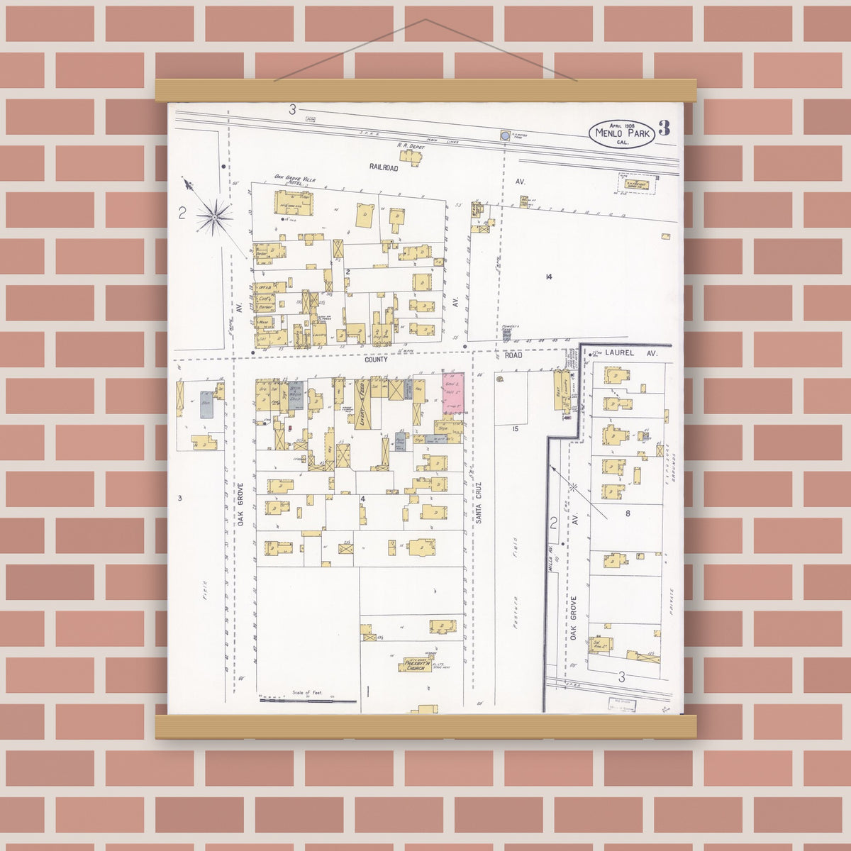 Old map wall art mockup — magnetic wood frame on brick wall — Sanborn Fire Insurance Map from Menlo Park, San Mateo County, California (1908), Sheet #0003
