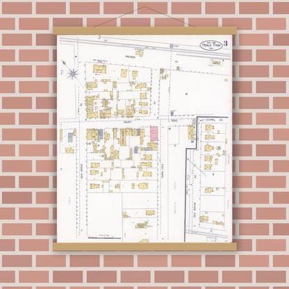 Old map wall art mockup — magnetic wood frame on brick wall — Sanborn Fire Insurance Map from Menlo Park, San Mateo County, California (1908), Sheet #0003
