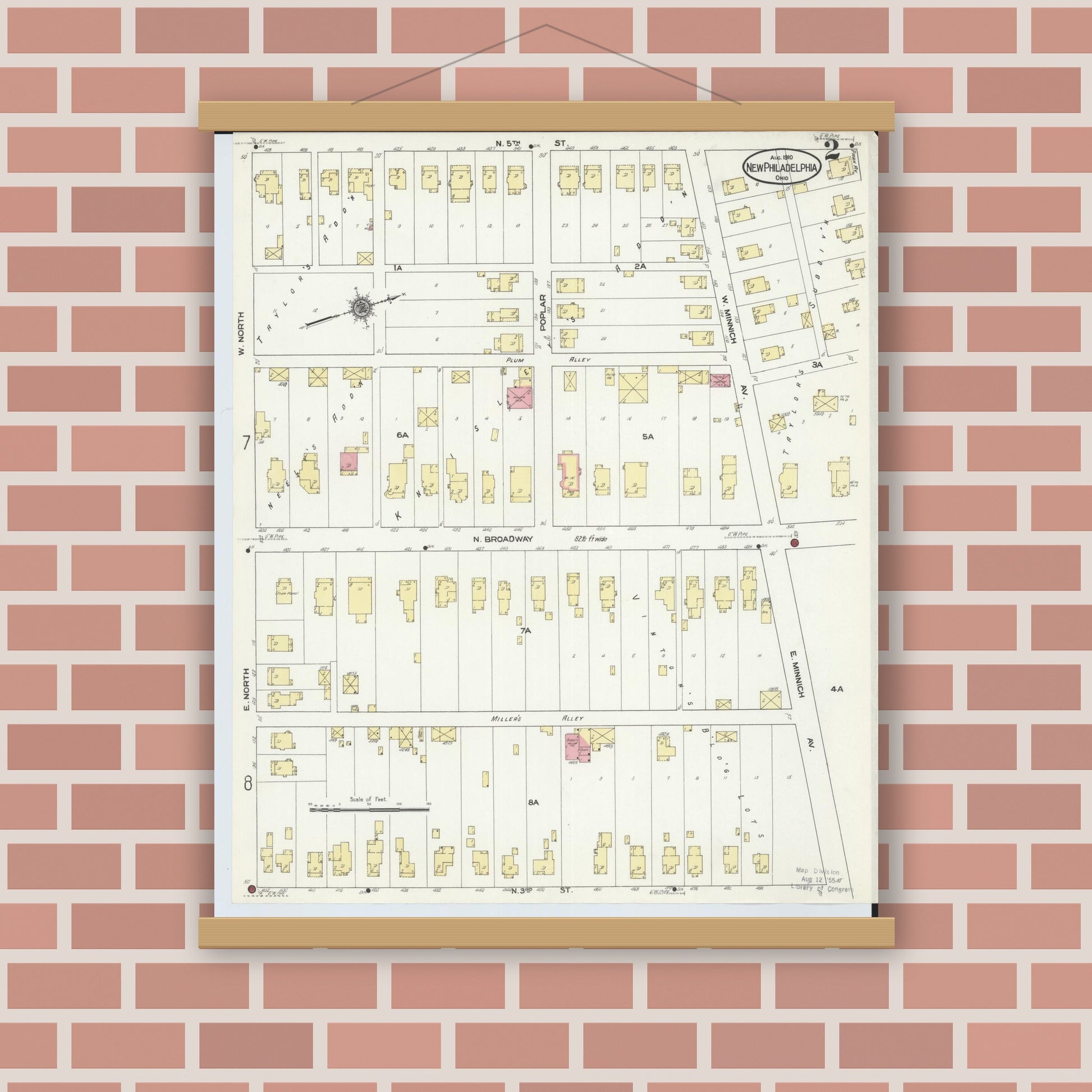 Old map wall art mockup — magnetic wood frame on brick wall — Sanborn Fire Insurance Map from New Philadelphia, Tuscarawas County, Ohio (1910), Sheet #0002